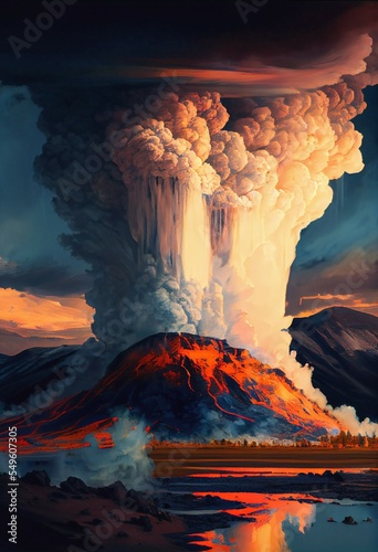 Tableau sur toile Yellowstone geyser volcano erupts explosion violent steam water gas lava, artist
