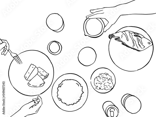 A flat lay Illustration of two people sharing a meal of fish samp, impwa, cold drinks and chikanda  photo