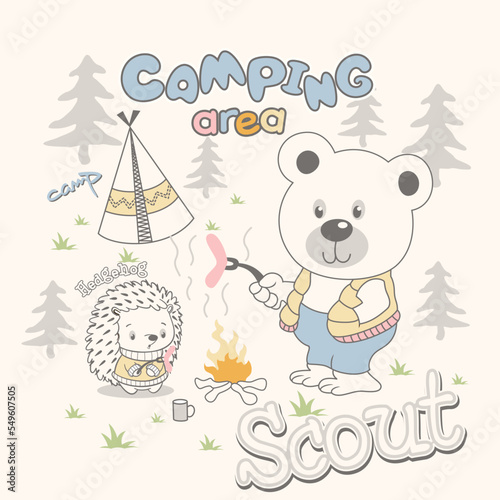 camping cute bear and little friend vector