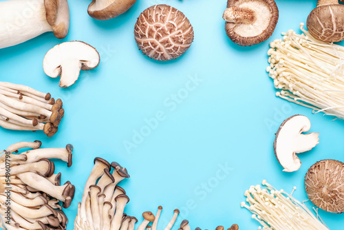 Flat lay of different edible mushrooms on blue background close-up.