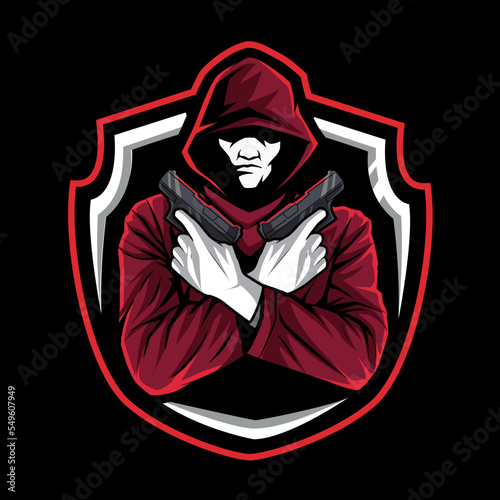 Anonymous holding gun mascot esport logo design vector