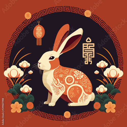 Happy chinese new year 2023 year of the rabbit zodiac background flower lantern