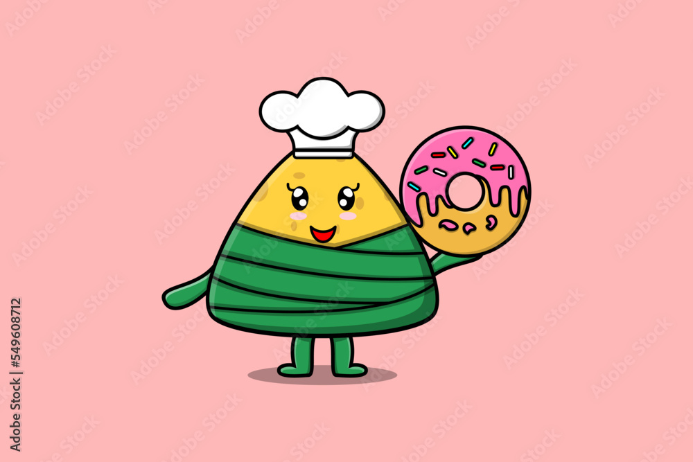 Cute cartoon Chinese rice dumpling chef character donuts in flat cartoon style illustration Cute cartoon Chinese rice dumpling chef character donuts in flat cartoon style illustration
