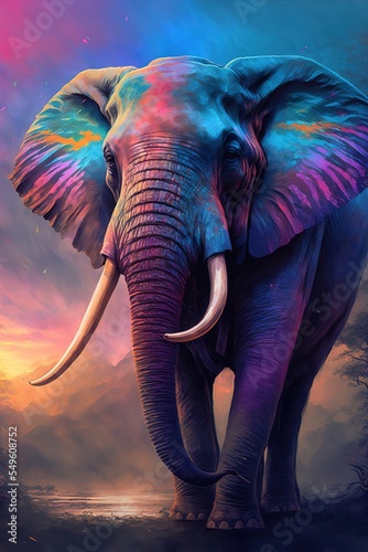 Colorful painting of a elephant with creative abstract elements as background