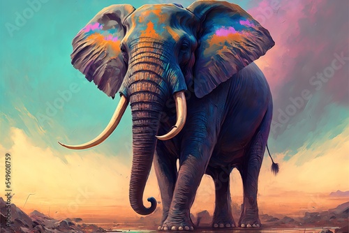 Colorful painting of a elephant with creative abstract elements as background
