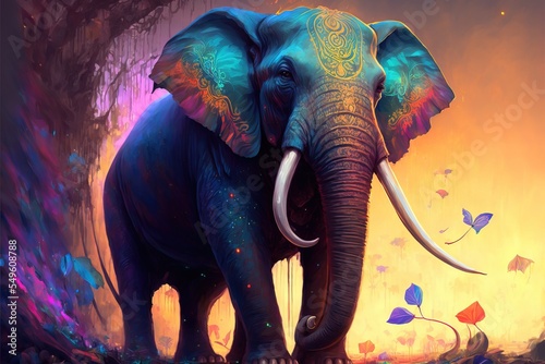 Colorful painting of a elephant with creative abstract elements as background photo