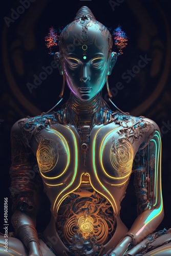 Close up of Buddha in a futuristic style. high-tech neon light. concept of cyberpunk. Digital Rendering