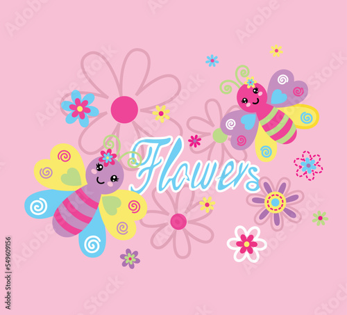 cute insects playing with beautiful flowers vector
