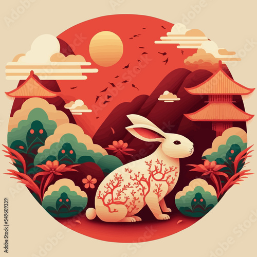 Happy chinese new year 2023 year of the rabbit zodiac background flower lantern