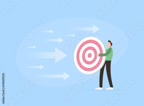 Target Marketing concept. Businessman holding archer target or dashboard pointing in his hands and trying to hit bullseye with flying arrows. Man character trying to find business niche illustration