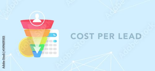 Cost per Lead concept. CPL pricing model, digital marketing ecommerce business concept with sales funnel, calc and coin. Flat design horizontal vector illustration