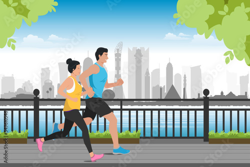 young asian couple running jogging exercising in modern city
