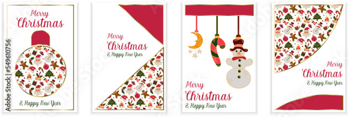 Set of four Christmas card designs with pattern decoraton on white background and copy space photo