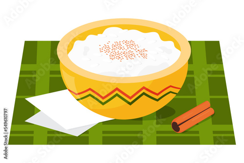 Arroz con leche tradicional. Traditional Mexican recipe for popular milk rice pudding breakfast and snack. Vector illustration of Latin American national dish. photo