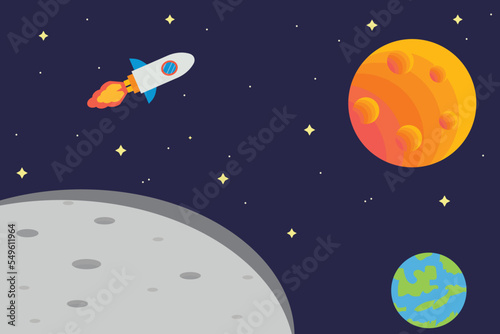 vector banner background with the theme of outer space, rocket, moon, outer space.