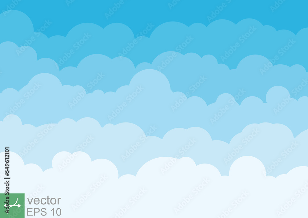 Sky clouds background. Blue sky pattern flat style. Cartoon poster, weather, heaven concept. Vector illustration isolated. EPS 10.