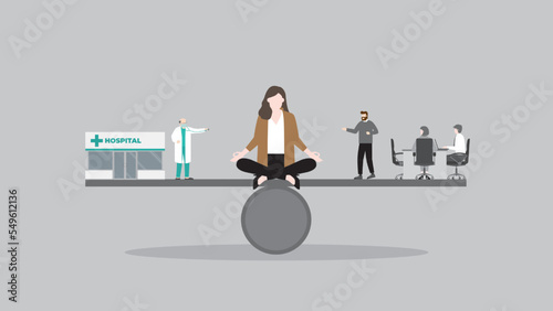 Work life balance, Angel and demon whisper concept. A woman sits and thinks at the center of a seesaw beam between a doctor with a hospital and office meeting. A choice of health care and work hard.