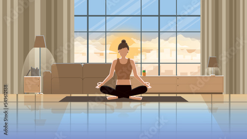 Meditation and relaxing time at home living room. A calm woman sits and meditates on the yoga mat. Practicing mind exercises of Mindfulness, discipline, knowing breath, peace and relieving stress.