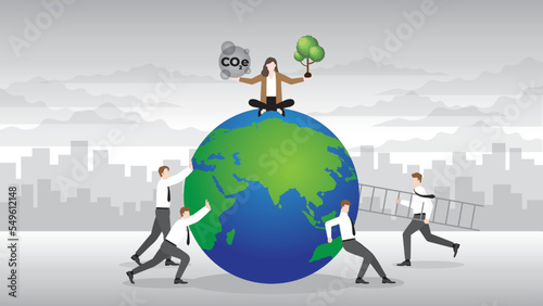 ESG and green policy concept of net zero emission, carbon footprint, carbon dioxide equivalent, global greenhouse gas, save the earth. A businesswoman and teamwork help the world by planting a tree.