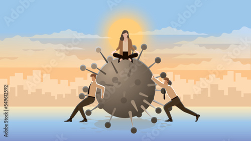 A calm businesswoman sits and meditates on a big virus with employee teamwork support. Think of business idea solutions, problem solving from the pandemic economic downturn. Sunrise city background.