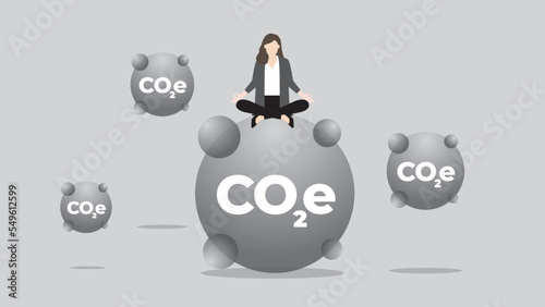 A calm businesswoman sits and thinks about CO2e Gas. ESG and green business policy concept of net zero emission, carbon footprint, carbon dioxide equivalent, global greenhouse gas, save the world.