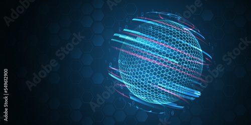 Hi-tech communication illustration on a blue background. 5G high-speed information transmission technology. The global wireless standard concept.