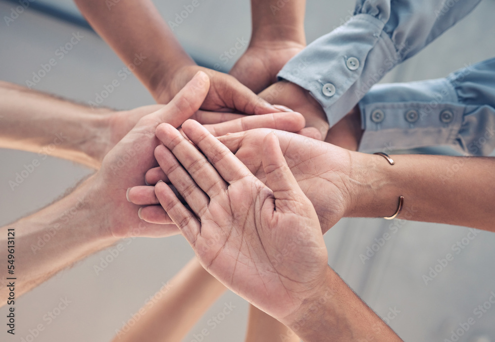 Fototapeta premium Teamwork, support and stack of business people hands working together in corporate office. Community, trust and close up of hand of workers in circle for collaboration, motivation and team building