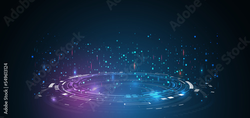 Wide Blue background with various technological elements. Abstract technology communication, vector illustration. Hi-tech computer digital technology concept.