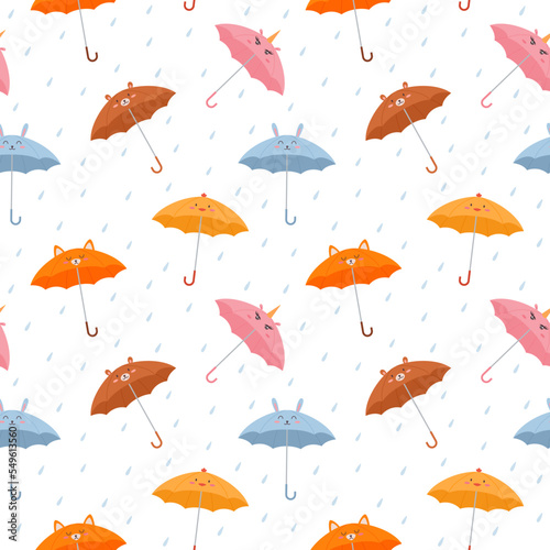 Seamless pattern with bright colorful umbrellas with different animal faces flat style