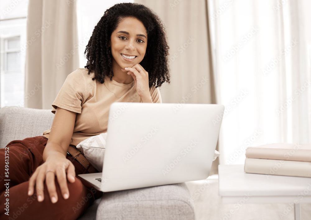 Laptop, woman and portrait on social media, smile and happy with online app, web and online banking in home. Movie subscription, remote work and female on sofa in the lounge, happiness and couch Laptop, woman and portrait on social media, smile and happy with online app, web and online banking in home. Movie subscription, remote work and female on sofa in the lounge, happiness and couch