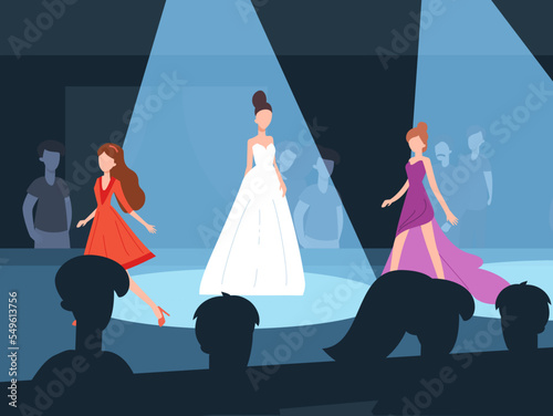 Fashion runway with models walking the catwalk, flat vector illustration.