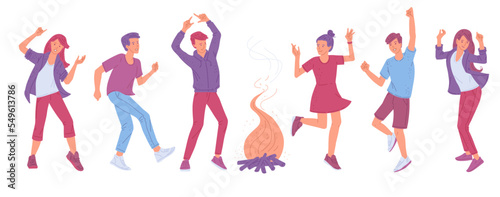 Bonfire dancing party people characters flat vector illustration isolated.