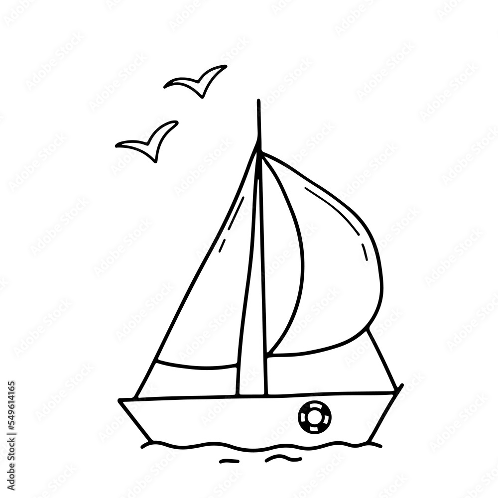 Hand drawn doodle seagulls boat or sailboat on water. Sketch vector illustration isolated on white