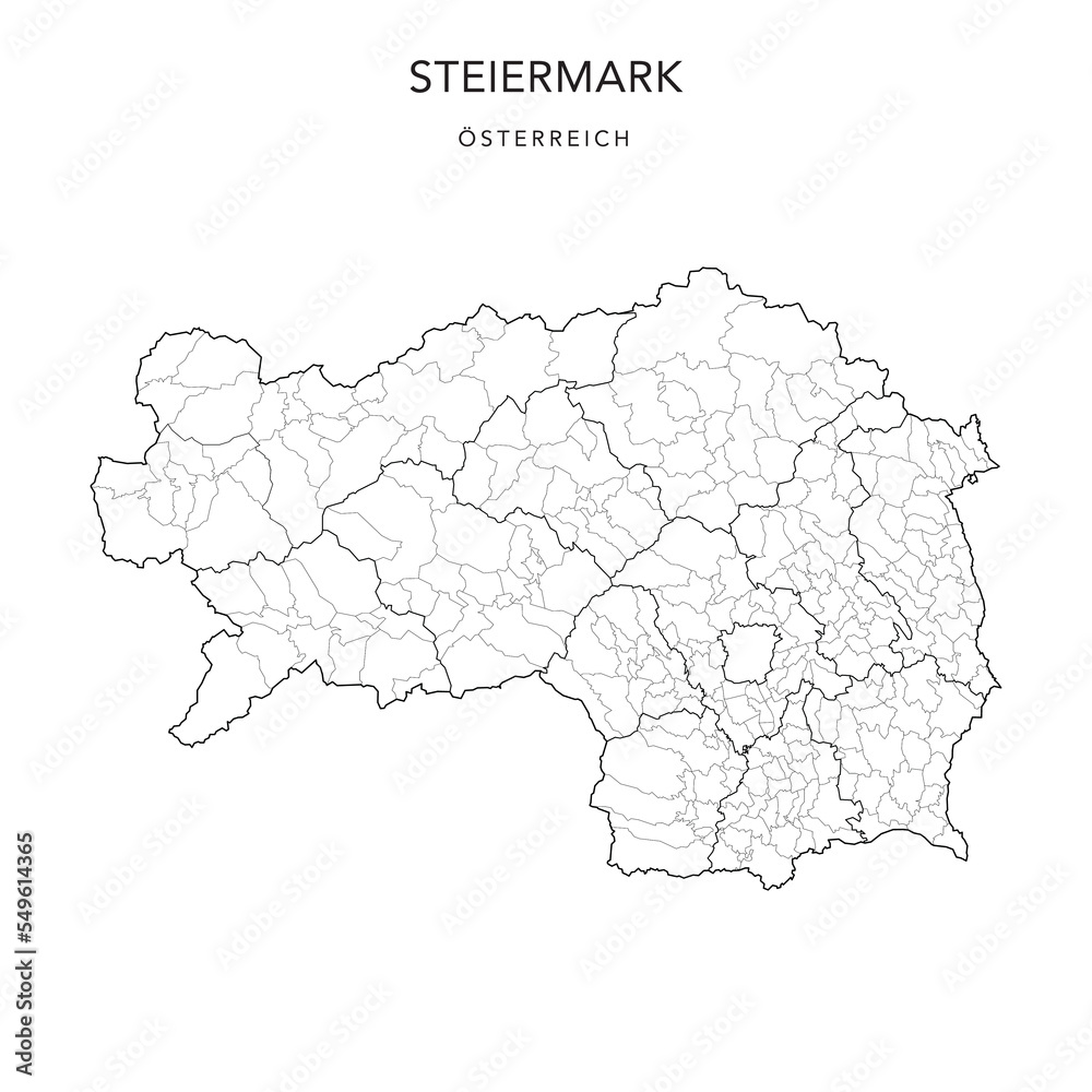 Administrative Map of the State of Styria (Steiermark) with Municipalities (Gemeinden), Subdistricts (Bereich) and Districts (Bezirke) as of 2022 - Austria - Vector Map