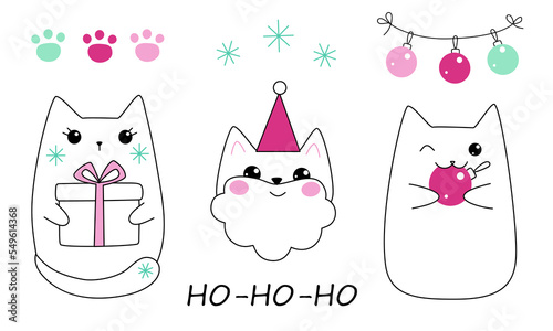Collection of cute funny Christmas cats. Kawaii kittens with a New Year's gift, in a Santa's hat, with Christmas toys, snowflakes, cat paws. Doodle cartoon style. Hand drawn vector illustration. 