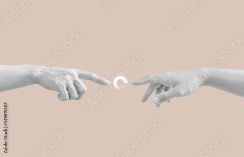 Hand reaching out, pointing finger, with loading icon. Digital collage modern art
