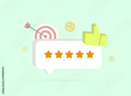 Customer Satisfaction concept with five star feedback rating, Satisfied consumer with positive review. 3d vector illustration