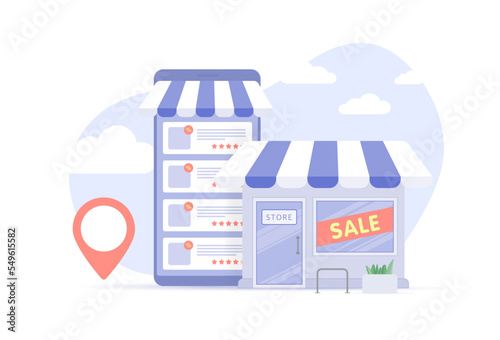 Online and offline store - retail businesses work together and generate profit from big sales. Traditional shop mall building and e-commerce mobile shopping store website and app