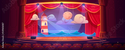 Theater stage with red curtains, seats and decoration beacon, sea waves and moon with clouds. School theatre, music hall, opera interior with wooden scene and columns, Cartoon vector illustration