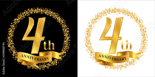 4th Anniversary logo with golden color, ribbon, and circle sparkle, elegant anniversary logo vector design for greeting card