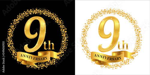 9th Anniversary logo with golden color, ribbon, and circle sparkle, elegant anniversary logo vector design for greeting card