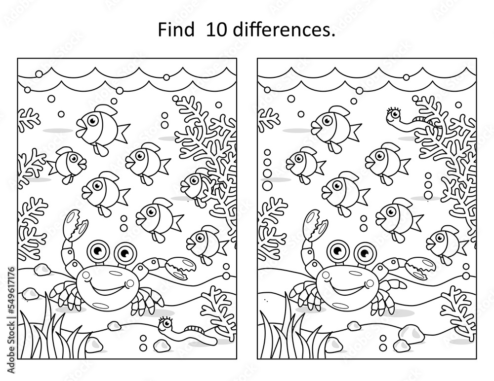Underwater difference game with fish flock and sea life
 - obrazy, fototapety, plakaty 