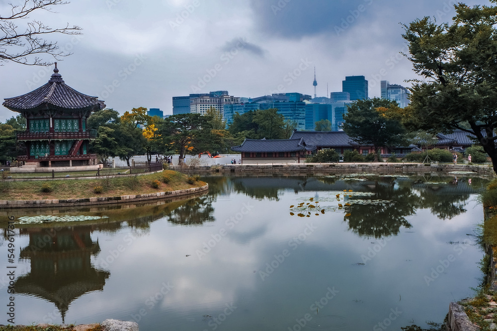 View on city towers from Gyeongbokgung palace in Seoul