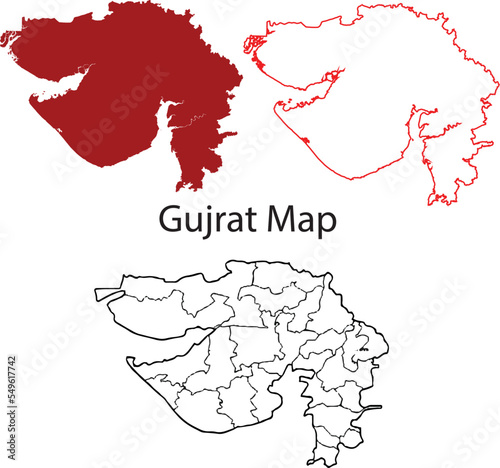 Gujrat map vector of India, Gujrat line map, Gujrat with city map photo