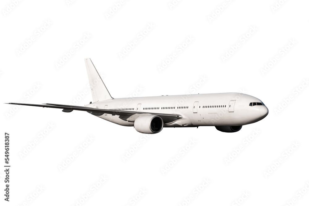 White wide body passenger aircraft flying isolated on transparent background