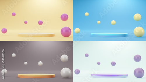3d illustration rendering. The collection set with a cylinder pedestal podium and the spheres in the concept minimal style. Advertising display space for placing products. Clipping path.