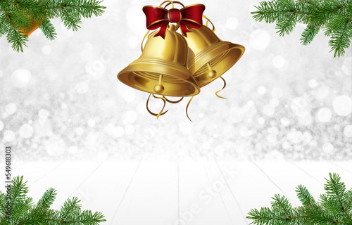 Yellow glittery christmas bells and red ribbons with pine leaves border decorations on white bokeh lights background, free space for happy new year message. 3D illustration photo