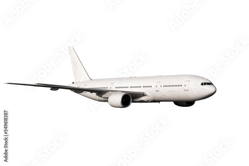 White wide body passenger aircraft flying isolated on transparent background