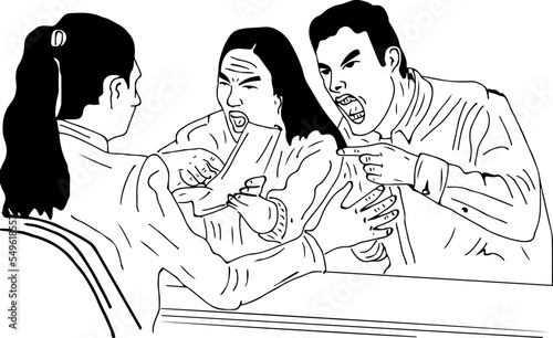 Angry man and women claiming and shouting to an office worker, conflict disagreement during negotiations sketch drawing vector illustration, argument disagreement cartoon character