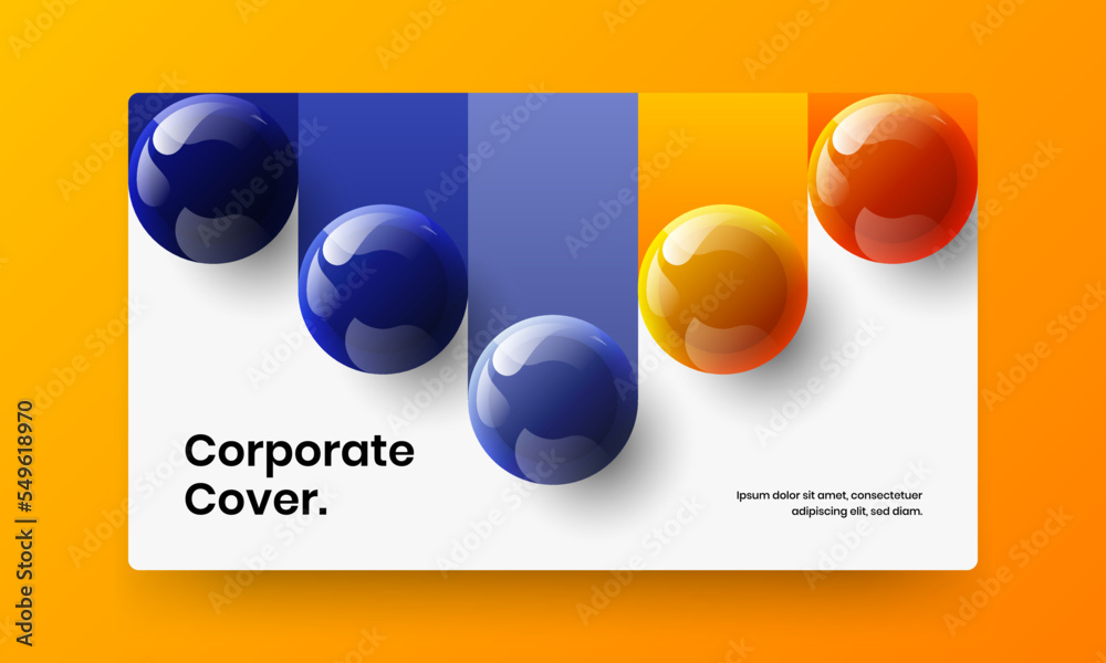 Bright company brochure design vector illustration. Original realistic spheres placard concept.